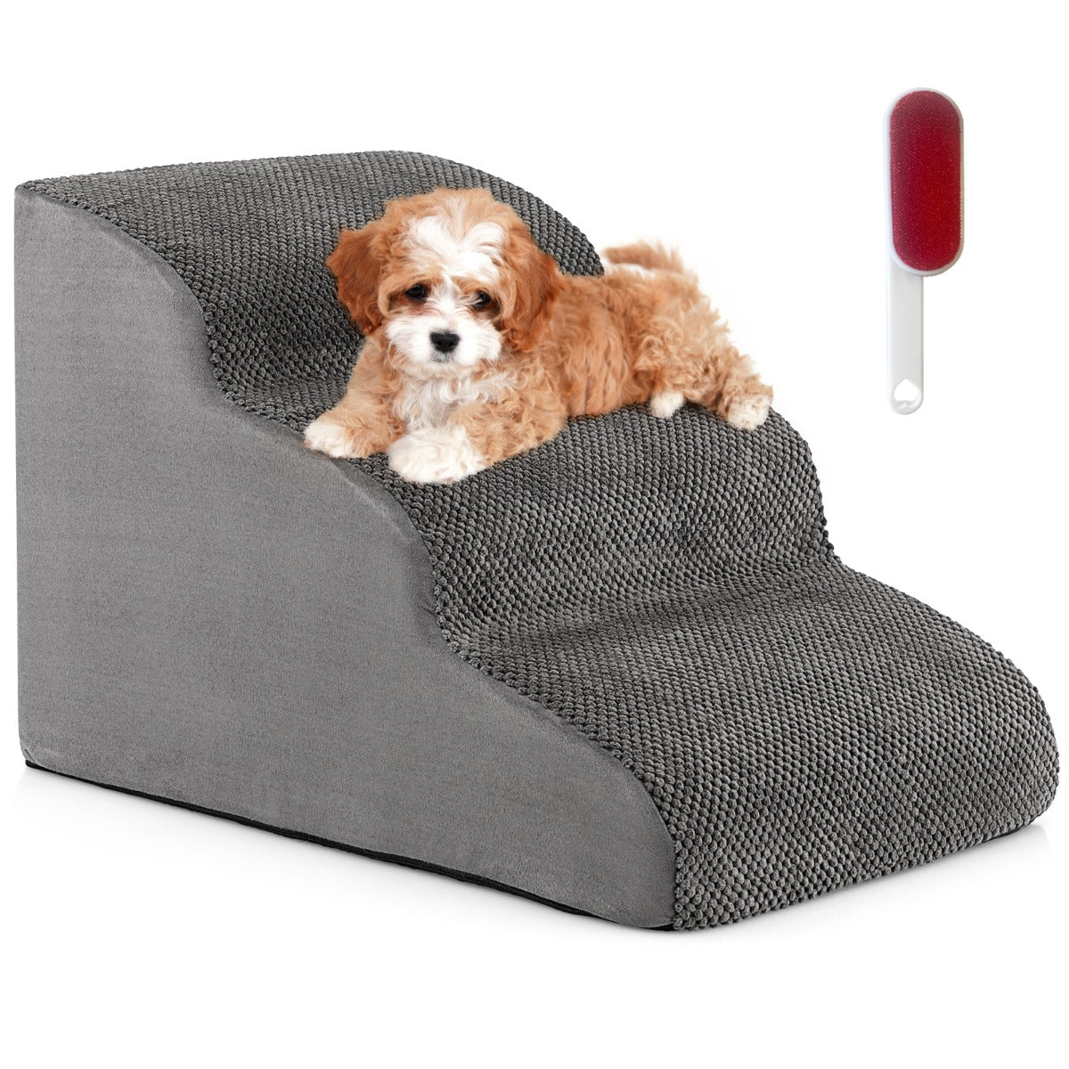 NNECW 3-Tier Foam Dog Ramp with High-Density Sponge &amp; Silicone Paw Prints-Grey-1
