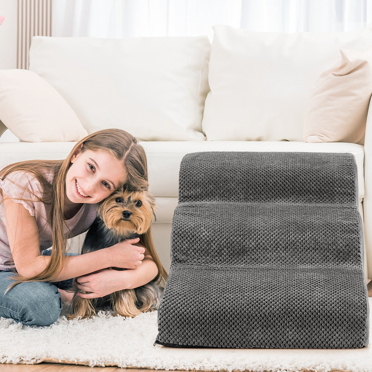 NNECW 3-Tier Foam Dog Ramp with High-Density Sponge &amp; Silicone Paw Prints-Grey-0