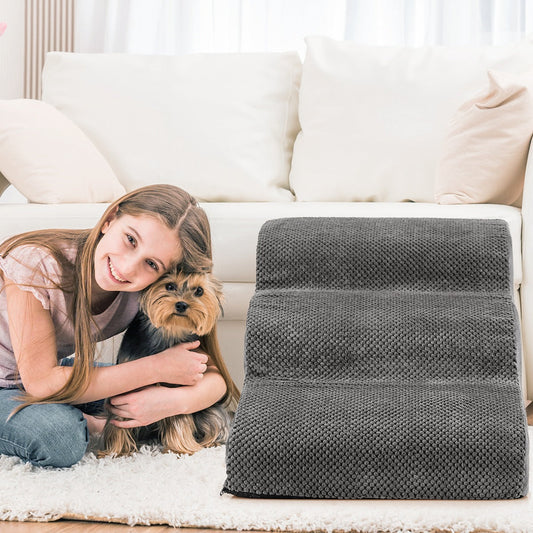 NNECW 3-Tier Foam Dog Ramp with High-Density Sponge &amp; Silicone Paw Prints-Grey-0
