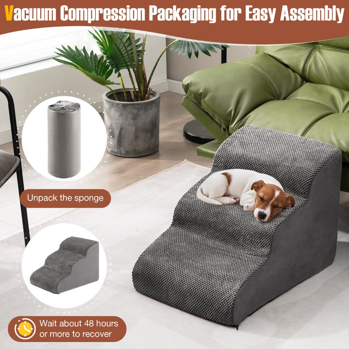 NNECW 3-Tier Foam Dog Ramp with High-Density Sponge &amp; Silicone Paw Prints-Grey-2