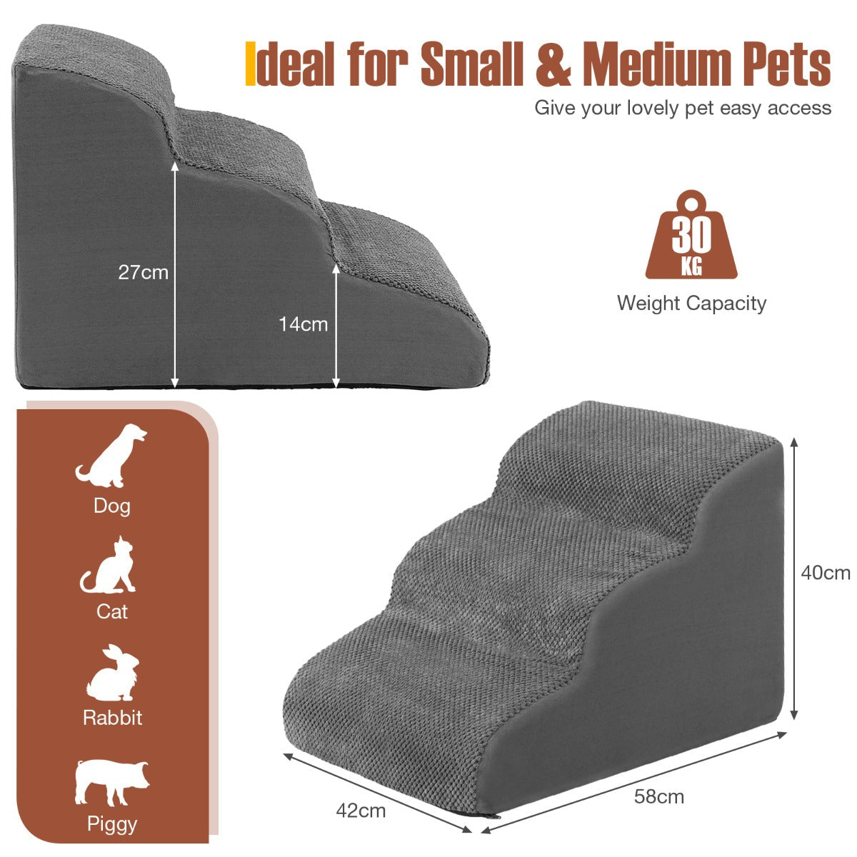NNECW 3-Tier Foam Dog Ramp with High-Density Sponge &amp; Silicone Paw Prints-Grey-3